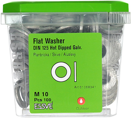 Plastförpackning med 100 planbrickor, M10, varmförzinkade. Grönt lock, märkning: ESSVE, Art 61068341.