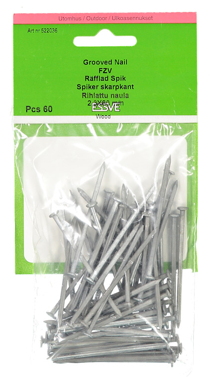 Förpackning med 60 räfflade spikar. Text inkluderar "Grooved Nail" och art.nr "52206".