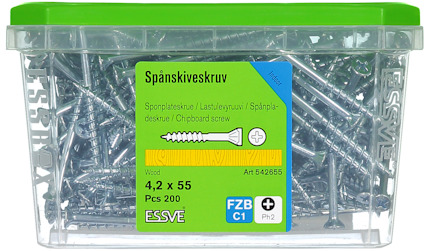 Plastförpackning med 200 spånskiveskruvar, 4,2 x 55 mm från ESSVE. Produktkod Art 542655.