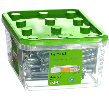 Förpackning med Essve expresspikar, modell 8/50/90, 100 st, med grön lock.