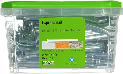 Förpackning med 100 expanderande spikar från Essve, art nr 305216, för betong/tegel/natursten, storlek 8/50/90.