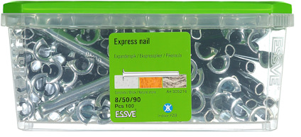 Plastlåda med grönt lock innehåller spik. Text: "Express nail 8/50/90 PCS 100 ESSVE".