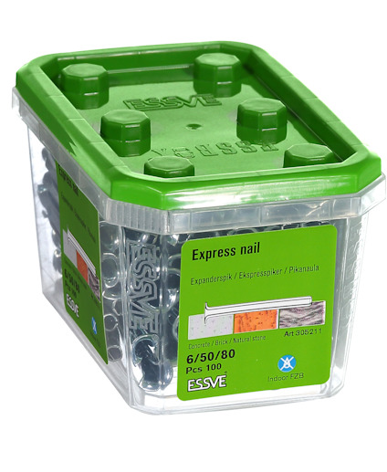 Transparent plastbehållare med grönt lock innehållande 100 stycken 6/50/60 expresspikar från ESSVE; lämpade för betong och tegel.