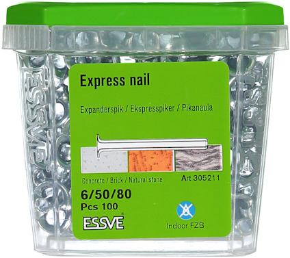 Behållare med etikett för "Express nail" innehållande 100 st expanderande spikar för betong, tegel och natursten. Art 305211.