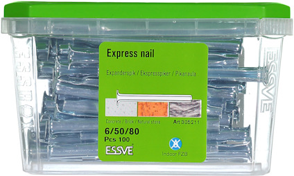 Förpackning med ESSVE Express nails, 6/50/80 mm, 100 stycken, för betong/tegel/natursten.