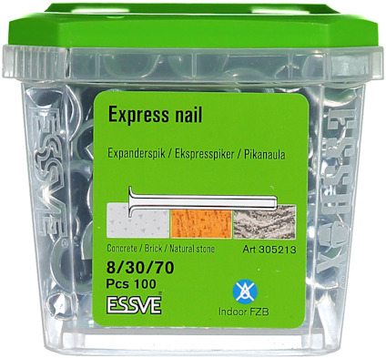 Plastburk med grönt lock innehållande ESSVE expresspikar för betong, tegel och natursten. 8/30/70 mm, 100 stycken.