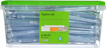 Behållare med 100 expresspikar, 8x30/70 mm, märkt ESSVE. Grön lock och etikett med produktinformation.