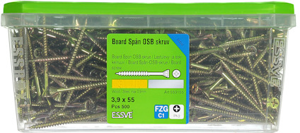 Plastförpackning med 500 st. skruvar, etikett med text om Board Spån OSB skruv, 3.9 x 55, FZG C1.
