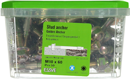 Förpackning med 50 ESSVE-expansionsbultar, M10 x 60, för betong/natursten.