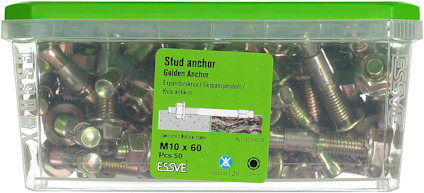 Transparent plastlåda med expansionsbult från ESSVE, storlek M10 x 60 mm, 50 stycken, etikett grön.