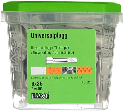 Förpackning med 100 stycken 6x35 mm universalpluggar, märkt "ESSVE Universalplugg".