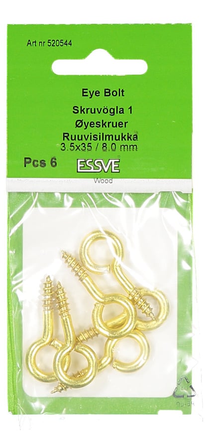 Förpackning med sex mässingsfärgade skruvöglor, 3.5x35 mm, från Essve.