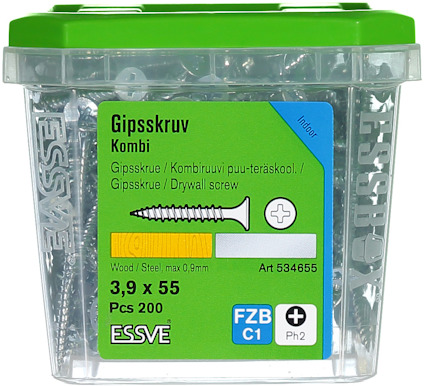 Grön och transparent förpackning med 200 gipsskruvar, 3,9 x 55 mm, varumärke Essve.