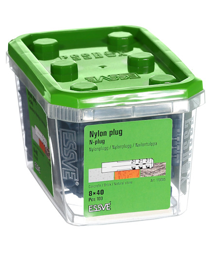 Förpackning med nylonplugg, märkt ESSVE, innehåller 10 st för betong, tegel och natursten. Art.nr 119005.