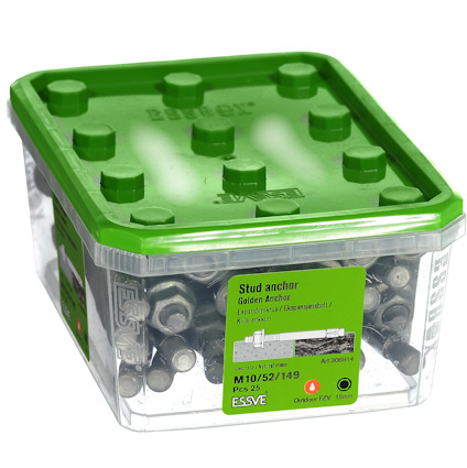 Förpackning med 25 st expanderbult med grön och transparent plast. Märkt "Stud anchor Golden Anchor, ESSVE".