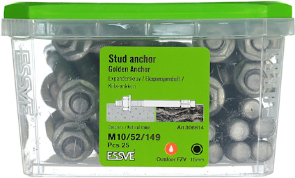 Låda med 25 expanderbult, M10/52/149, märkt ESSVE, med grön lock.