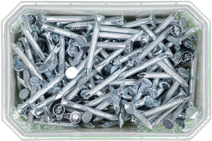 Runda skruvar i metall, packade i en genomskinlig plastlåda.