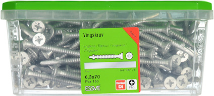 Grön plastlåda med 150 stycken vingskruvar, storlek 6,3x70 mm, art.nummer 505671.