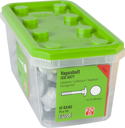 Plastförpackning med grönt lock innehåller vagnsbultar M8x60 mm, 50 st, ISO 8677 från ESSVE.