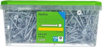 Plastlåda med gipsskruv, 3.9 x 41 mm, 900 st, märkt Essve. Grönt lock, etikett med illustration och produktinformation.