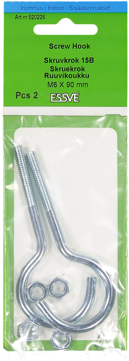 Förpackning med två metallskruvkrokar, märkt "Skruvkrok 15B" och logotypen "ESSVE".