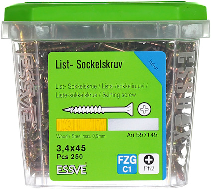 Förpackning med 250 st skruvar, 3,4x45 mm, för listverk. Märkt ESSVE med art.nr 557145.