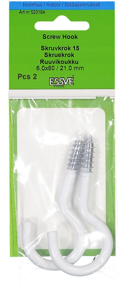 Två vita skruvkrokar från märket ESSVE, storlek 6.0x80/21.0 mm, för inomhusbruk, förpackade i plast.