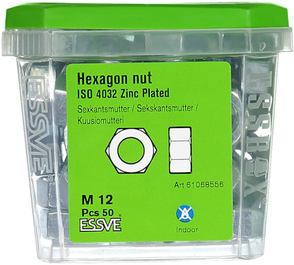 Förpackning med sexkantmutter M12, ISO 4032, zinkpläterad, 50 st, från ESSVE. Art.nr 61608556.