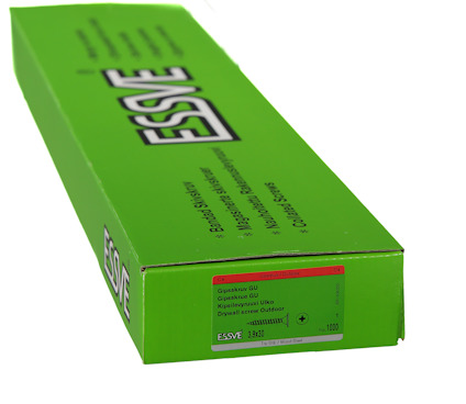Grön kartong märkt med "ESSVE" innehållande gipsskruv, Text: Gipsksruv GU.