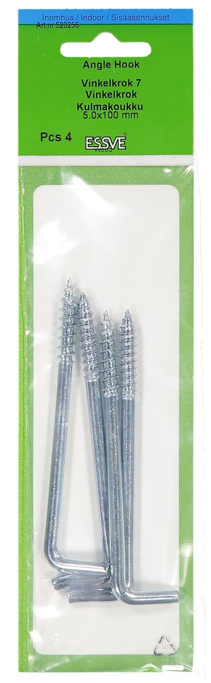Vinkelkrok 7 cm, 4-pack, metall, i förpackning med grön och vit etikett.