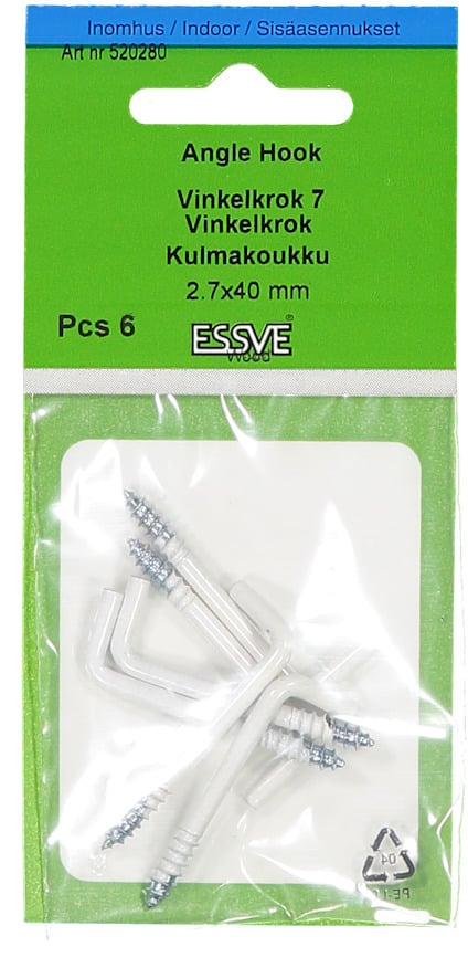Förpackning med sex vinkelkrokar, 2.7x40 mm, från Essve. Text på svenska, engelska och finska. Inomhusbruk.