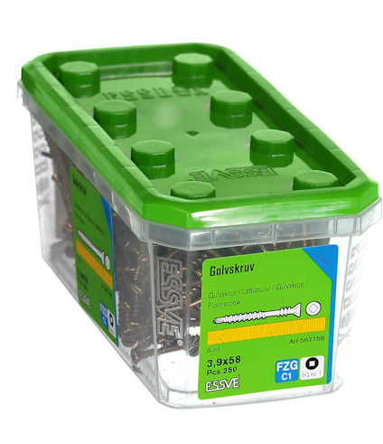 Förpackning med grönt lock innehållande golvskruvar. Etikett visar produktinformation.