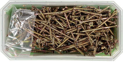 En genomskinlig plastlåda fylld med guldfärgade skruvar och en plastpåse ovanpå.