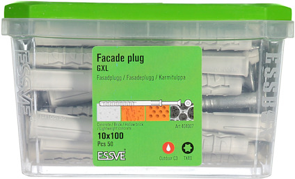 Transparent låda med grönt lock innehållande 50 fasadpluggar, "Essve GXL", storlek 10x100 mm.