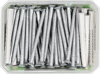 Låda med flera silverfärgade skruvar och vita plastplugg.