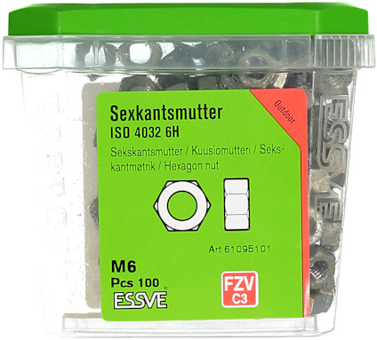 Förpackning med sexkantmutter, ISO 4032 6H, M6, innehållande 100 st.