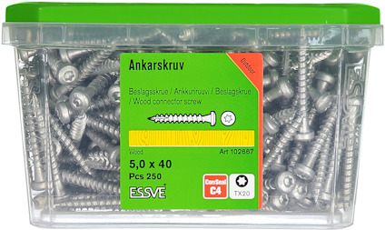 Plastlåda med 250 ankarskruvar, storlek 5,0 x 40 mm. Märkt ESSVE, art nr 102667.