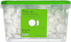 Plastlåda med vita plastkapsyler, etiketttext: "Plastic cap Ø14/19 PCS 200 White 0500-N Art 111063".