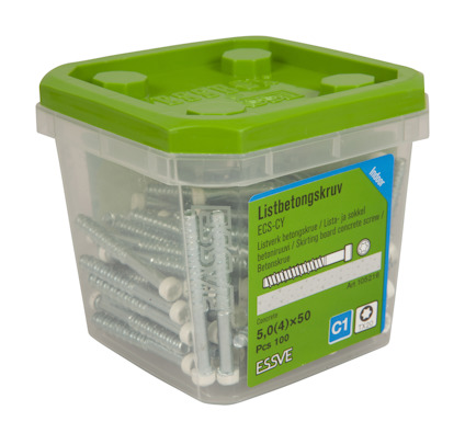 Plastförpackning med grönt lock innehållande Essve listbetongskruv, 5,0(4)x50 mm, 100 st.