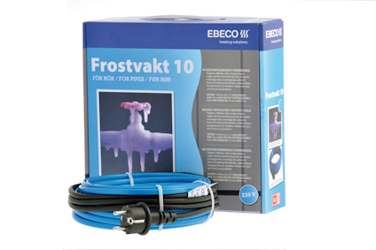 Blå värmekabel med EU-kontakt framför en förpackning märkt "Frostvakt 10" från Ebeco.