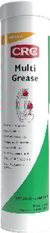 Vit tub med gröngult etikett, märkt "CRC Multi Grease", med text och en illustration av drev.