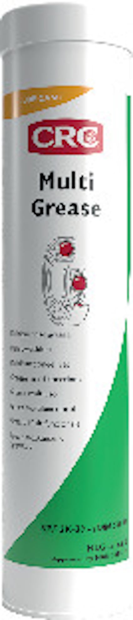 Vit tub med gröngult etikett, märkt "CRC Multi Grease", med text och en illustration av drev.