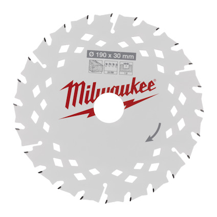 Cirkelsågskiva med texten "Milwaukee" och piktogram samt pilar på en ljus bakgrund.