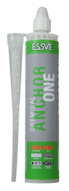 Grå och grön tub med texten "Chemical Anchor One" och märket "ESSVE", bredvid en plastdysa för applicering.