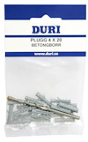 Förpackning med gråa pluggar och ett betongborr, märkt "DURI PLUGG 4 X 20 BETONGBORR".