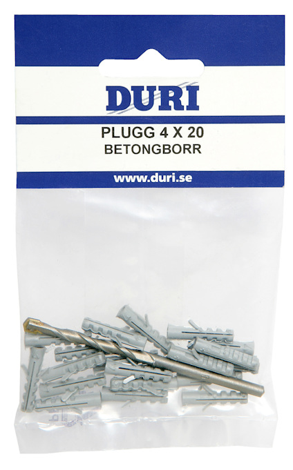 Förpackning med gråa pluggar och ett betongborr, märkt "DURI PLUGG 4 X 20 BETONGBORR".