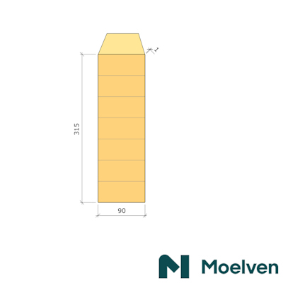Diagram av en träkomponent med måtten 315x90 mm, logotyp för Moelven längst ner till höger.