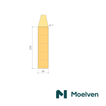 Diagram över en blyertspenna med måtten 225 x 56 och logotypen Moelven i nedre högra hörnet.