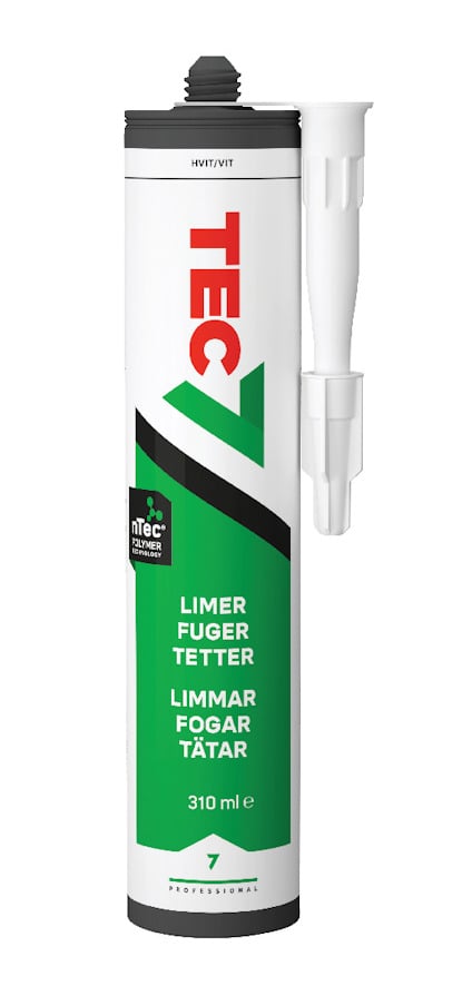 Vit och grön patron märkt Tec7, med text om att den limmar, fogar och tätar. Plastmunstycke syns på sidan.