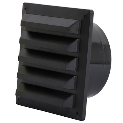 Svart jalusigaller med horisontella lameller och en rund anslutning på baksidan.